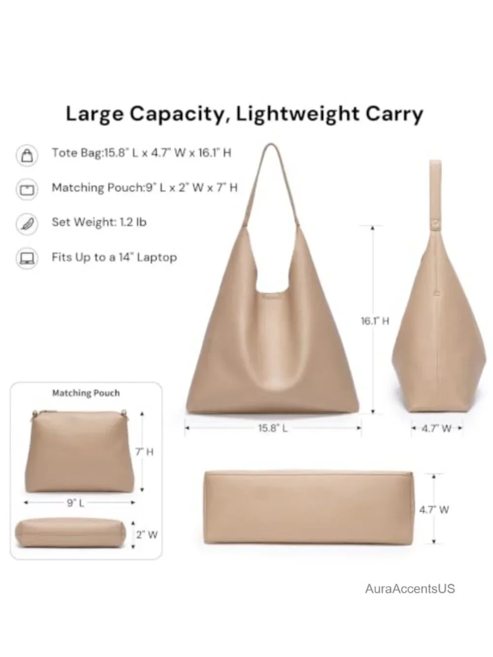 Hobo Tote Bag 2-Piece Set Soft Vegan Leather Slouchy Shoulder Purse for Women